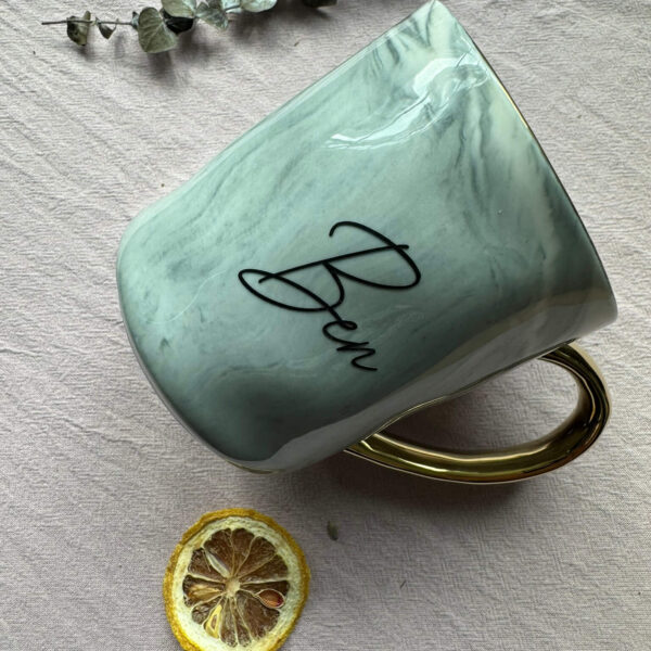 Customised Marble Mug - Ceramic With Gold Handle And Gold Rim - Grey