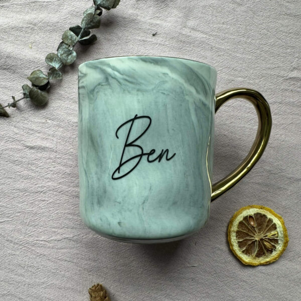 Customised Marble Mug - Ceramic With Gold Handle And Gold Rim - Grey