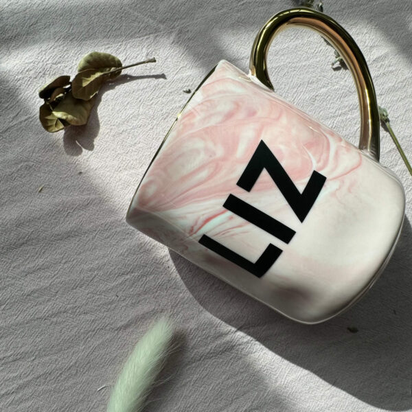 Customised Marble Mug - Ceramic With Gold Handle And Gold Rim - Pink