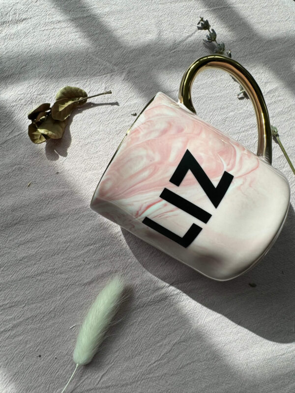 Customised Marble Mug - Ceramic With Gold Handle And Gold Rim - Pink