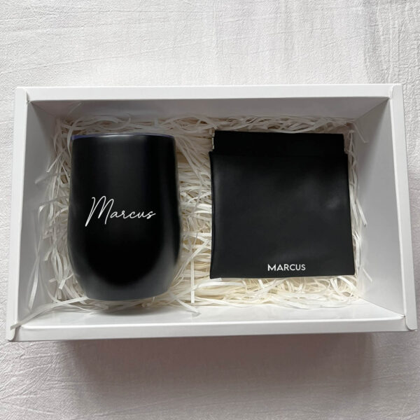 Black Tumbler Mug + Black Leather Pouch Personalised Gift Set