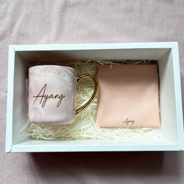 Pink Marble + Pink Leather Pouch Personalised Gift Set