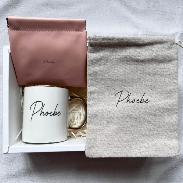 White Round Ceramic + Pink Leather Pouch + Cotton Pouch Personalised Gift Set