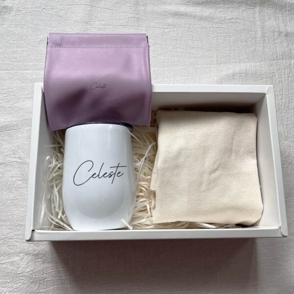 White Tumbler Mug + Lavender Leather Pouch + Tote Bag (folded) Personalised Gift Set